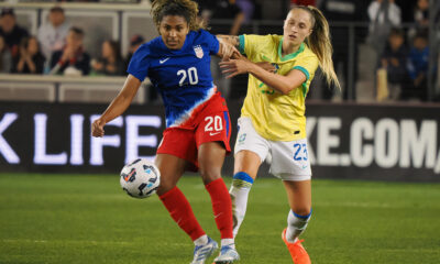 Catarina Macario battles a Brazilian player during the USWNT's match in San Jose, California.