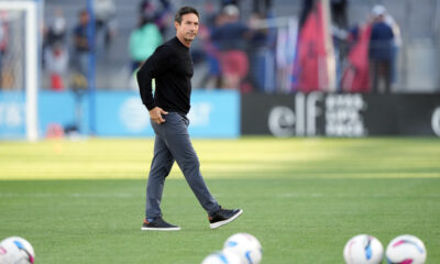 Bay FC head coach Albertin Montoya on the field before a match in San Jose, California.