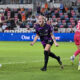 Sophie Schmidt celebrates scoring the last winner while three different North Carolina Courage players react in opposite directions at Shell Energy Stadium in Houston, Texas on August 8, 2025.